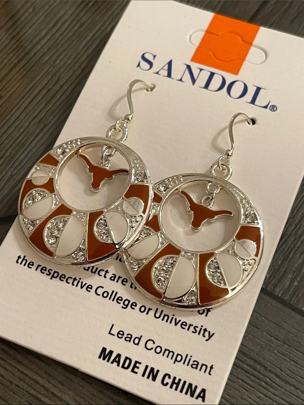NWT SANDOL Texas Longhorns Rhinestone & Enameled Dangle Earrings